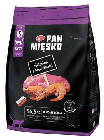 ⁨Pan Mięsko Karma sucha dla kota - cielęcina i krewetki chrupki S 400g⁩ w sklepie Wasserman.eu