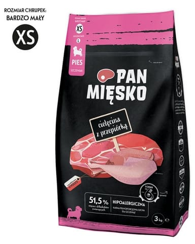 ⁨Pan Mięsko Karma sucha dla szczeniąt - cielęcina i przepiórka chrupki XS 3kg⁩ w sklepie Wasserman.eu