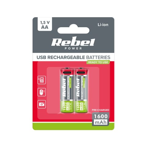 ⁨Akumulatorki REBEL AA, 1600 mAh, Li-ion,1,2V, 2szt/bl , R6 , gniazdo typ C⁩ w sklepie Wasserman.eu