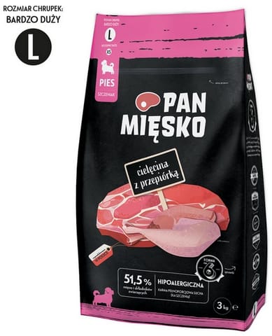 ⁨Pan Mięsko Karma sucha dla psa - dla szczeniąt cielęcina i przepiórka chrupki L 3kg⁩ w sklepie Wasserman.eu