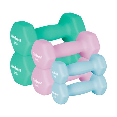 ⁨Hantelki żeliwne neoprenowe HEX zestaw 12kg (2x1kg+2x2kg+2x3kg), REBEL ACTIVE⁩ w sklepie Wasserman.eu