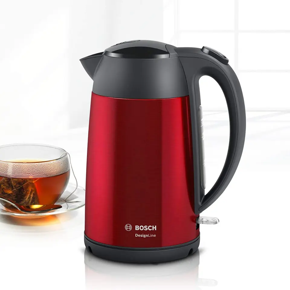 ⁨Bosch | Czajnik | DesignLine TWK3P424 | Elektryczny | 2400 W | 1,7 L | Stal szlachetna | Podstawa obrotowa 360° | Czerwony⁩ w sklepie Wasserman.eu