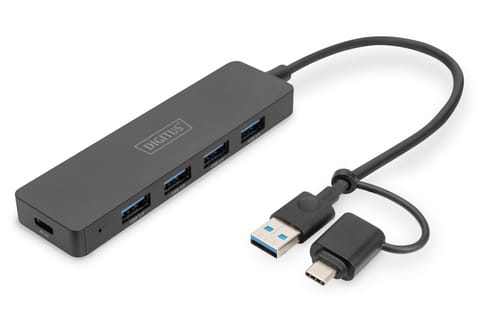⁨Hub USB 3.0/Koncentrator 4-portowy SlimLine USB A + adapter USB-C 5Gbps, złącze zasilania USB-C⁩ w sklepie Wasserman.eu
