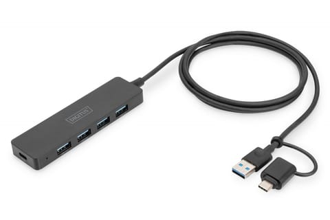 ⁨Hub USB 3.0/Koncentrator 4-portowy SlimLine USB A + adapter USB-C 1,2m 5Gbps, złącze zasilania USB-C⁩ w sklepie Wasserman.eu