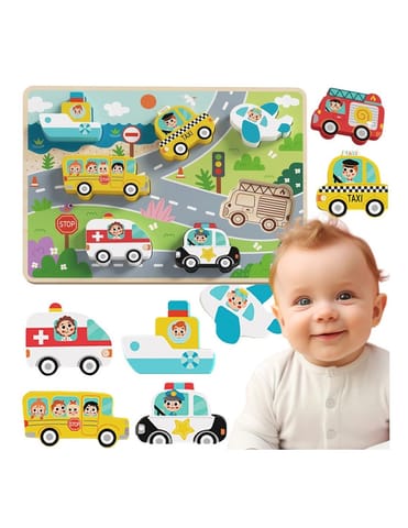 ⁨TOOKY TOY Drewniane Puzzle Montessori Pojazdy Samochody Samolot Statek Miasto Dopasuj Kształty⁩ w sklepie Wasserman.eu