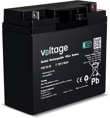 ⁨Akumulator AGM Voltage Long Life 12V 18Ah VEL12-18 (Żywotność 15 lat)⁩ w sklepie Wasserman.eu