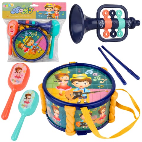 ⁨Zestaw Instrumenty Muzyczne Dla Dzieci Bębenek Trąbka Grzechotki Pałeczki⁩ w sklepie Wasserman.eu