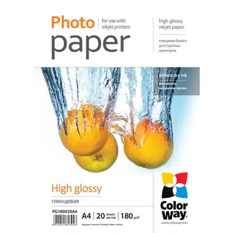 ⁨ColorWay Photo Paper 20 pcs. PG180020A4 Glossy, White, A4, 180 g/m²⁩ at Wasserman.eu