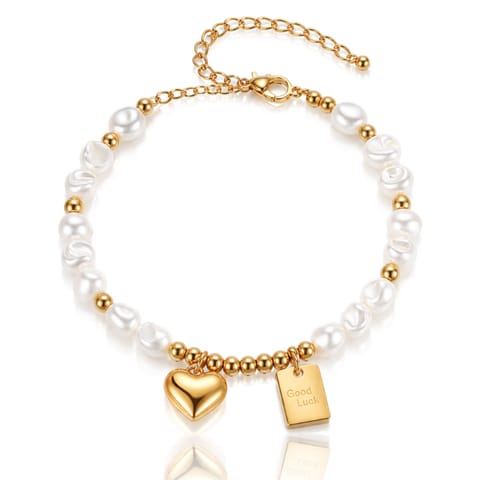 ⁨Bransoletka na rękę stal szlachetna pozłacana 14k złotem, Perełki, Serce BST1608⁩ w sklepie Wasserman.eu