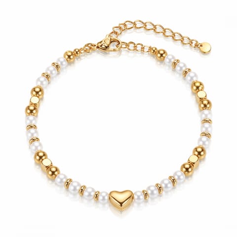 ⁨Bransoletka na rękę stal chirurgiczna pozłacana 14k złotem, Perełki, Serce BST1609⁩ w sklepie Wasserman.eu