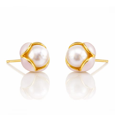 ⁨Kolczyki ze stali szlachetnej pozłacane 14k złotem, sztyft, Pudrowe Kwiaty z Perłą KST3562⁩ w sklepie Wasserman.eu