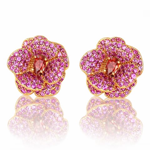⁨Kolczyki ze stali szlachetnej pozłacane 14k złotem, sztyft, Cyrkonie, Fuksjowe Kwiaty KST3543⁩ w sklepie Wasserman.eu