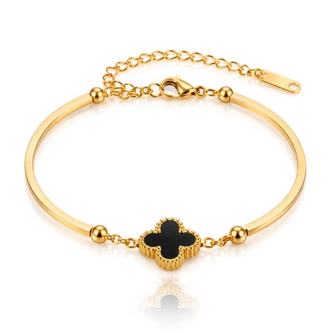 ⁨Bransoletka na rękę stal szlachetna platerowana 14k złotem, koniczynka czerń BST1599⁩ w sklepie Wasserman.eu