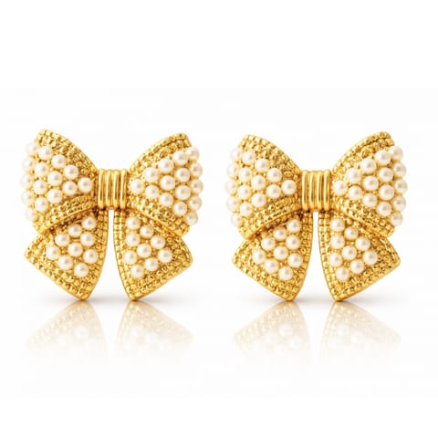 ⁨Kolczyki ze stali szlachetnej pozłacane 14k złotem, perełkowe Kokardki KST3511⁩ w sklepie Wasserman.eu