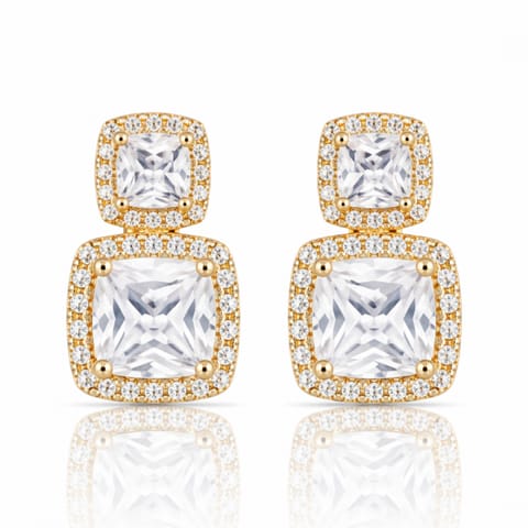 ⁨Kolczyki ze stali szlachetnej pozłacane 14k złotem, kwadraty, kryształ, cyrkonie KST3547⁩ w sklepie Wasserman.eu