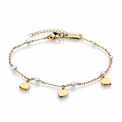 ⁨Bransoletka na rękę stal chirurgiczna pozłacana 14k złotem, Perełki, Serduszka BST1689⁩ w sklepie Wasserman.eu