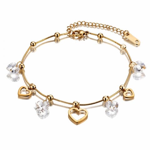 ⁨Bransoletka na rękę stal chirurgiczna pozłacana 14k złotem, Kryształki i Serca BST1695⁩ w sklepie Wasserman.eu