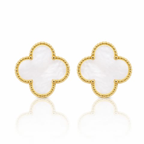 ⁨Kolczyki ze stali szlachetnej pozłacane 14k złotem, sztyft, Białe Koniczynki KST3582⁩ w sklepie Wasserman.eu