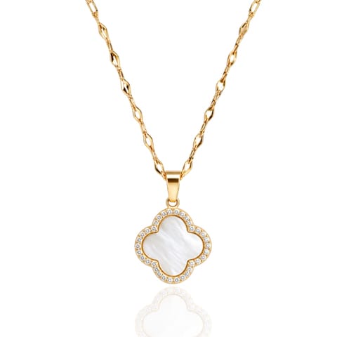 ⁨Naszyjnik stal szlachetna pozłacana 14k złotem, cyrkonie, koniczynka biel NST2292⁩ w sklepie Wasserman.eu