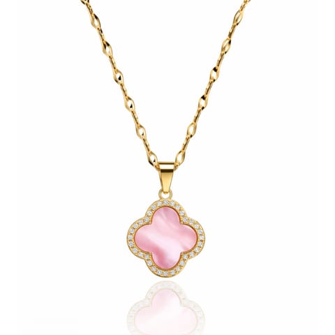 ⁨Naszyjnik stal szlachetna pozłacana 14k złotem, cyrkonie, koniczynka róż NST2293⁩ w sklepie Wasserman.eu