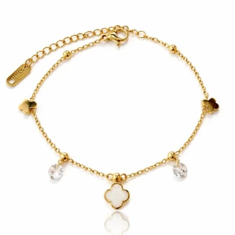 ⁨Bransoletka na rękę stal szlachetna pozłacana 14k złotem, koniczynka, kryształki BST1686⁩ w sklepie Wasserman.eu