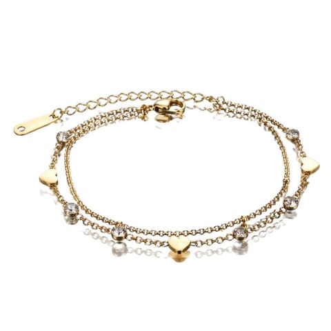 ⁨Bransoletka na rękę stal chirurgiczna pozłacana 14k złotem, Podwójny, Kryształki i Serca BST1692⁩ w sklepie Wasserman.eu