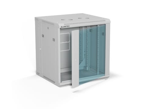 ⁨Szafa wisząca 19" 12U 600x600, dwusekcyjna, drzwi szklane jednoskrzydłowe, tył osłona pełna demontowalna, osłony boczne pełne demontowalne zamykane na klucz, 4 belki, kolor szary, do samodzielnego montażu - Flat Pack, ALANTEC⁩ w sklepie Wasserman.eu