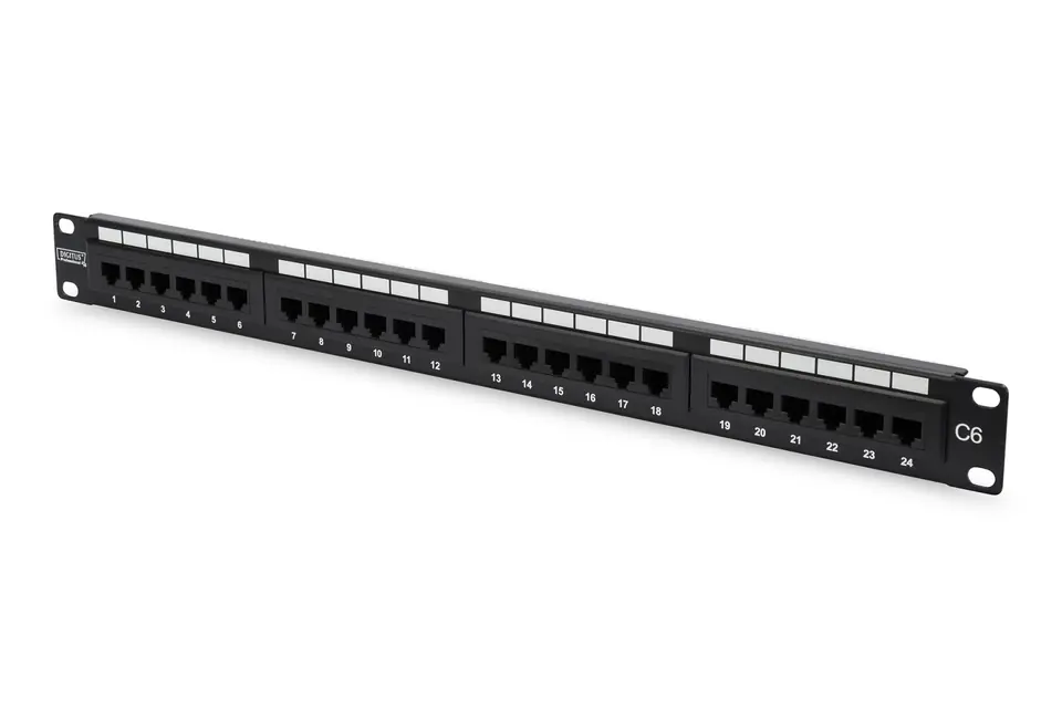 Patch panel complete 19 inch 24x RJ45 U/UTP cat. 6 1U black (RAL 9005) DN-91624U at Wasserman.eu