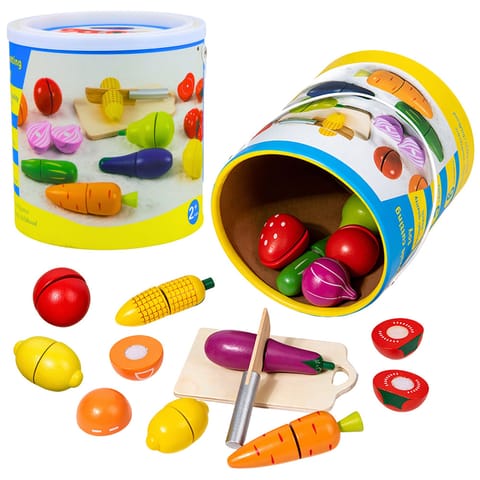 ⁨Drewniany Zestaw Owoców Warzyw Do Krojenia Deska Bezpieczny Nóż Wiadro 13el⁩ w sklepie Wasserman.eu