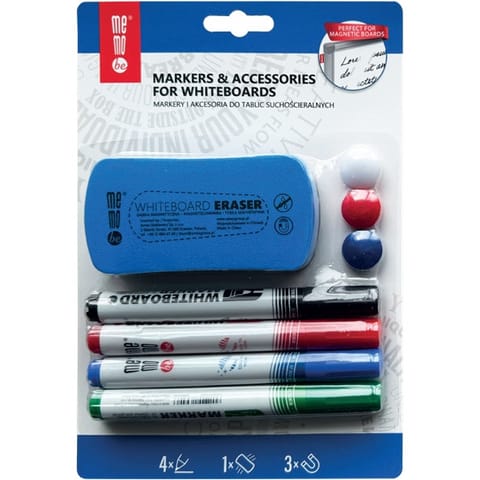 ⁨Markery do tablic i flipchartów 4 kolory + gąbka i magnesy MZ006 MEMOBE⁩ w sklepie Wasserman.eu