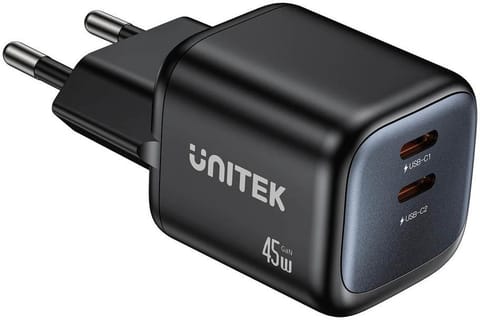 ⁨Ładowarka sieciowa Unitek GaN 45W, 2xUSB-C, PD 3.0, QC, czarna⁩ w sklepie Wasserman.eu
