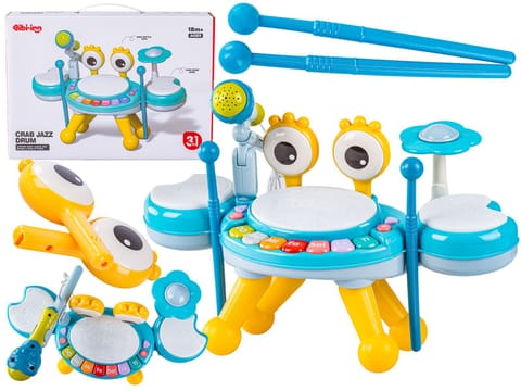 ⁨Edukacyjna Mini Perkusja Krab Pianinko Mikrofon Zestaw Muzyczny Niebieski⁩ w sklepie Wasserman.eu