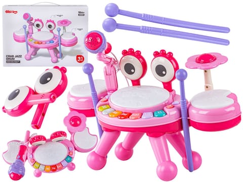 ⁨Edukacyjna Mini Perkusja Krab Pianinko Mikrofon Zestaw Muzyczny Różowy⁩ w sklepie Wasserman.eu