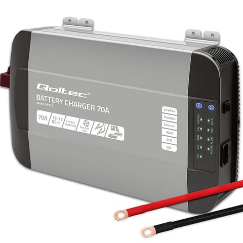 ⁨Qoltec Inteligentna profesjonalna ładowarka Monolith do akumulatorów LiFePO4 AGM GEL SLA | 70A | 12V | Szybkie ładowanie⁩ w sklepie Wasserman.eu