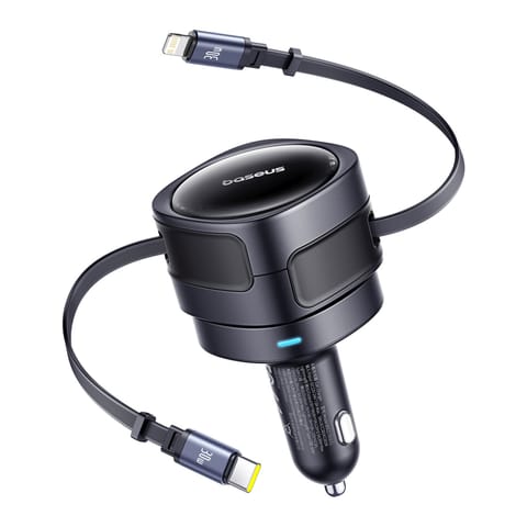 ⁨Ładowarka samochodowa ze zwijanymi kablami USB-C iPhone Lightning 60W - czarna⁩ w sklepie Wasserman.eu