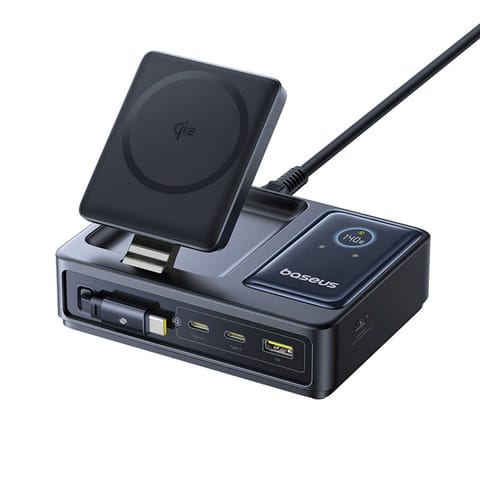 ⁨Stacja ładująca 5w1 USB-A UAB-C z wyświetlaczem zwijanym kablem 140W Qi2 - czarna⁩ w sklepie Wasserman.eu