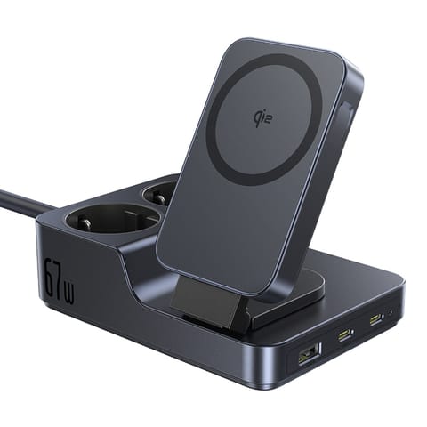 ⁨Stacja ładująca 6w1 bezprzewodowa USB-A USB-C 2x gniazdo AC 67W - czarna⁩ w sklepie Wasserman.eu