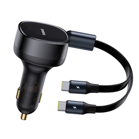 ⁨Ładowarka samochodowa 2w1 z dwoma przewodami USB-C 33W - czarna⁩ w sklepie Wasserman.eu
