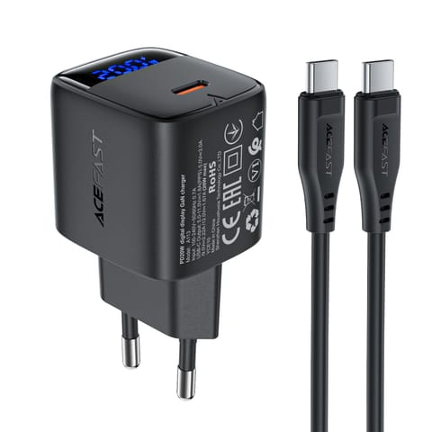 ⁨Ładowarka sieciowa z wyświetlaczem kablem USB-C GaN PD 20W - czarna⁩ w sklepie Wasserman.eu