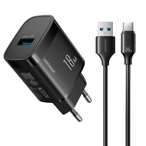 ⁨Ładowarka sieciowa USB-A 18W z kablem USB-A - USB-C 1m - czarna⁩ w sklepie Wasserman.eu