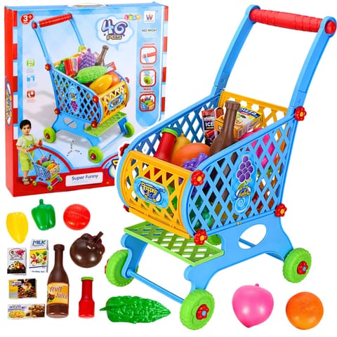 ⁨Duży Wózek Sklepowy Dla Dzieci Produkty Spożywcze Niebieski 52cm 46 el.⁩ w sklepie Wasserman.eu