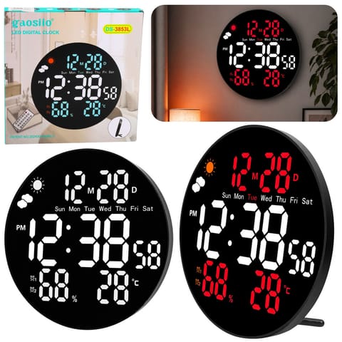 ⁨Zegar Ścienny Cyfrowy LED Data Temperatura Wilgotność Alarm Pilot 25 cm⁩ w sklepie Wasserman.eu