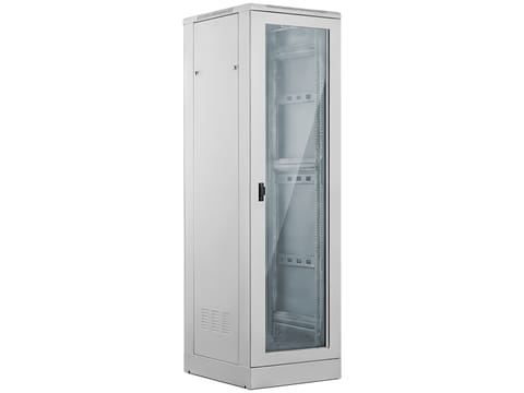 ⁨Szafa 24U 600x600, drzwi przednie szklane, drzwi tylne metalowe pełne, zamek, 4 belki nośne, cokół w zestawie, do samodzielnego montażu, kolor szary, ALANTEC⁩ w sklepie Wasserman.eu
