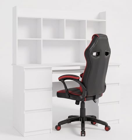 ⁨Biurko KUBA Z NADSTAWKĄ BIAŁE + Fotel DRIFT CZERWONY Zestaw 6 Szuflad⁩ w sklepie Wasserman.eu