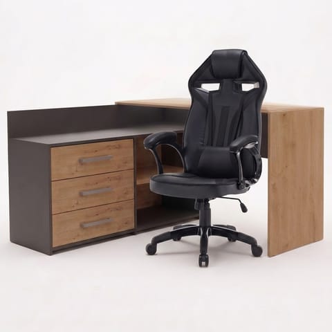 ⁨Zestaw BIURKO DANY Narożne ANTRACYT / DĄB ARTISAN + Fotel DRIFT CZARNY⁩ w sklepie Wasserman.eu