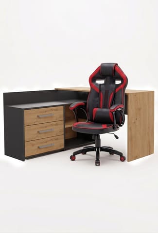 ⁨Zestaw BIURKO DANY Narożne ANTRACYT / DĄB ARTISAN + Fotel DRIFT CZERWONY⁩ w sklepie Wasserman.eu