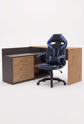 ⁨Zestaw BIURKO DANY Narożne ANTRACYT / DĄB ARTISAN + Fotel DRIFT NIEBIESKI⁩ w sklepie Wasserman.eu