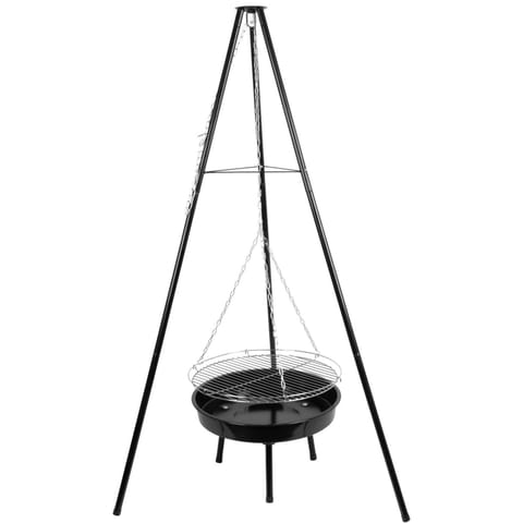 ⁨Grill ogrodowy węglowy zawieszany, regulowana wysokość 32-66/150 cm, ruszt stal chromowana, misa stal emaliowana, czarny, 50 cm⁩ w sklepie Wasserman.eu
