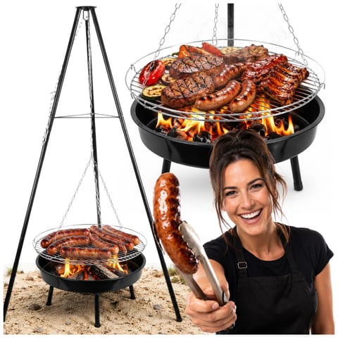 ⁨Grill ogrodowy węglowy zawieszany, regulowana wysokość 32-66/150 cm, ruszt stal chromowana, misa stal emaliowana, czarny, 50 cm⁩ w sklepie Wasserman.eu