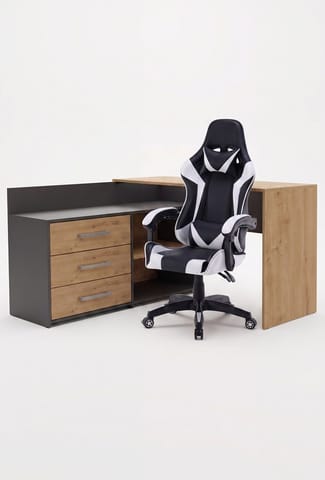 ⁨Zestaw BIURKO DANY Narożne ANTRACYT / DĄB ARTISAN + Fotel REMUS BIAŁY⁩ w sklepie Wasserman.eu